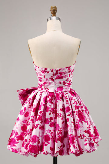 Floral Fuchsia Strapless A Line Cocktail Dress with Bow